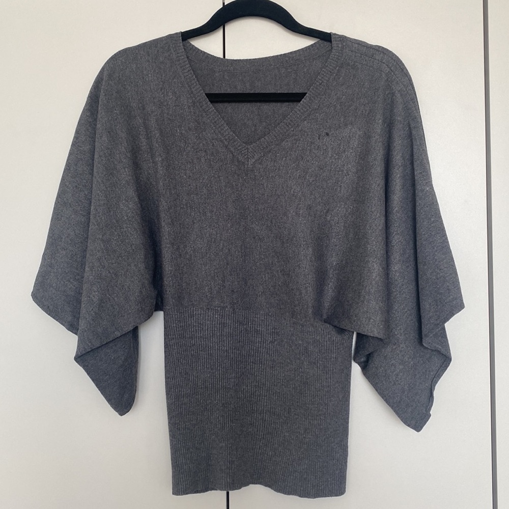 Dramatic Sleeve V-neck Sweater, Grey